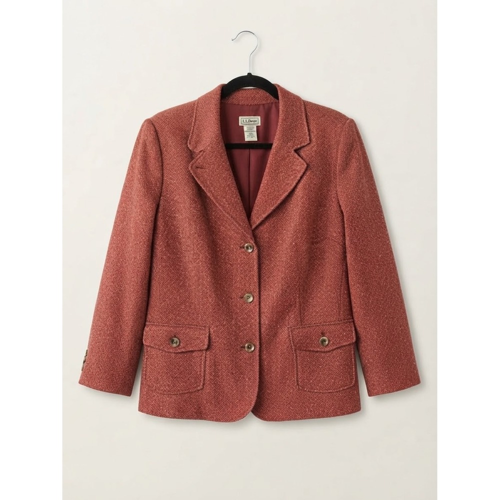 Vintage L.L. Bean Red Herringbone Wool Silk Blend Tweed Blazer Size 3X Academia